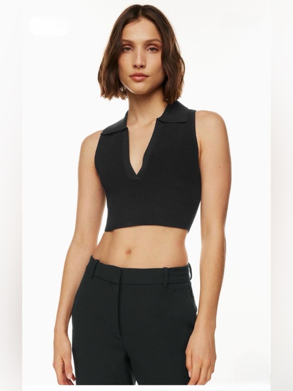 Aritzia Babaton Sculpt Knit Polo Top Black Cropped Tank Size M